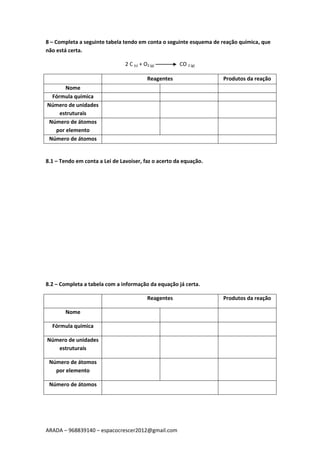 Físico-química 8º ano Acerto de equações | PDF