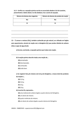 Físico-Química 8º ano - Lei de Lavoisier e Acerto de equações | PDF