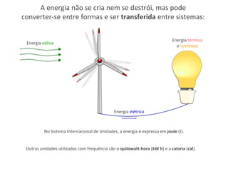 No Sistema Internacional de Unidades, a energia é expressa em joule (J).
A energia não se cria nem se destrói, mas pode
converter-se entre formas e ser transferida entre sistemas:
Energia eólica
Energia elétrica
Energia térmica
e luminosa
Outras unidades utilizadas com frequência são o quilowatt-hora (kW h) e a caloria (cal).
 
