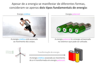 Apesar de a energia se manifestar de diferentes formas,
consideram-se apenas dois tipos fundamentais de energia:
Energia potencialEnergia cinética
A energia cinética está associada
ao movimento dos corpos.
A energia potencial é a energia armazenada
no sistema e que pode ser utilizada.
A energia cinética associada ao movimento
do ar é transformada em energia potencial.
Transformação de energia
 