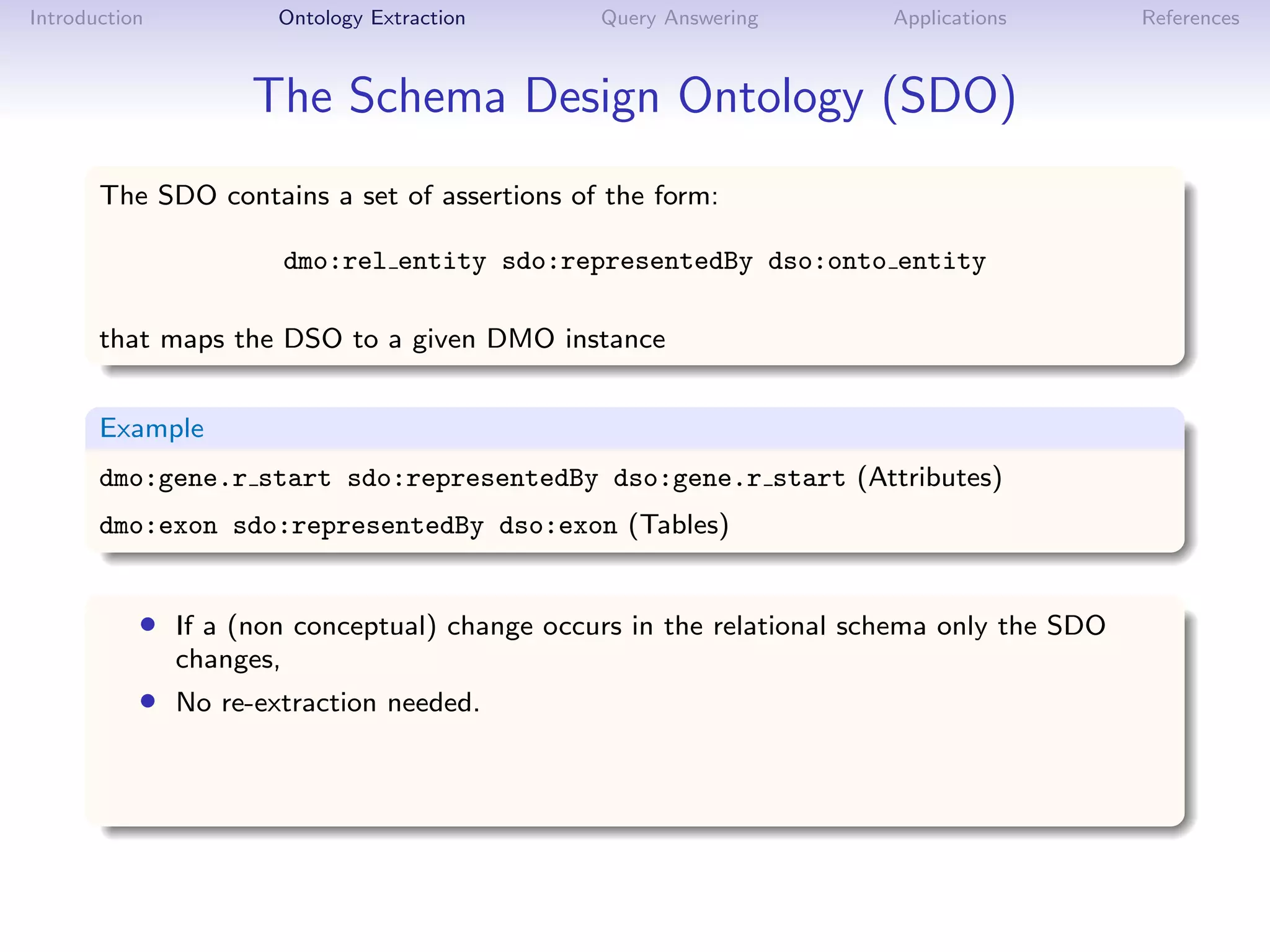 Introduction          Ontology Extraction      Query Answering       Applications        References



                    The Schema Design Ontology (SDO)
       The SDO contains a set of assertions of the form:

                          dmo:rel entity sdo:representedBy dso:onto entity

       that maps the DSO to a given DMO instance


       Example
       dmo:gene.r start sdo:representedBy dso:gene.r start (Attributes)
       dmo:exon sdo:representedBy dso:exon (Tables)


           • If a (non conceptual) change occurs in the relational schema only the SDO
               changes,
           • No re-extraction needed.
 