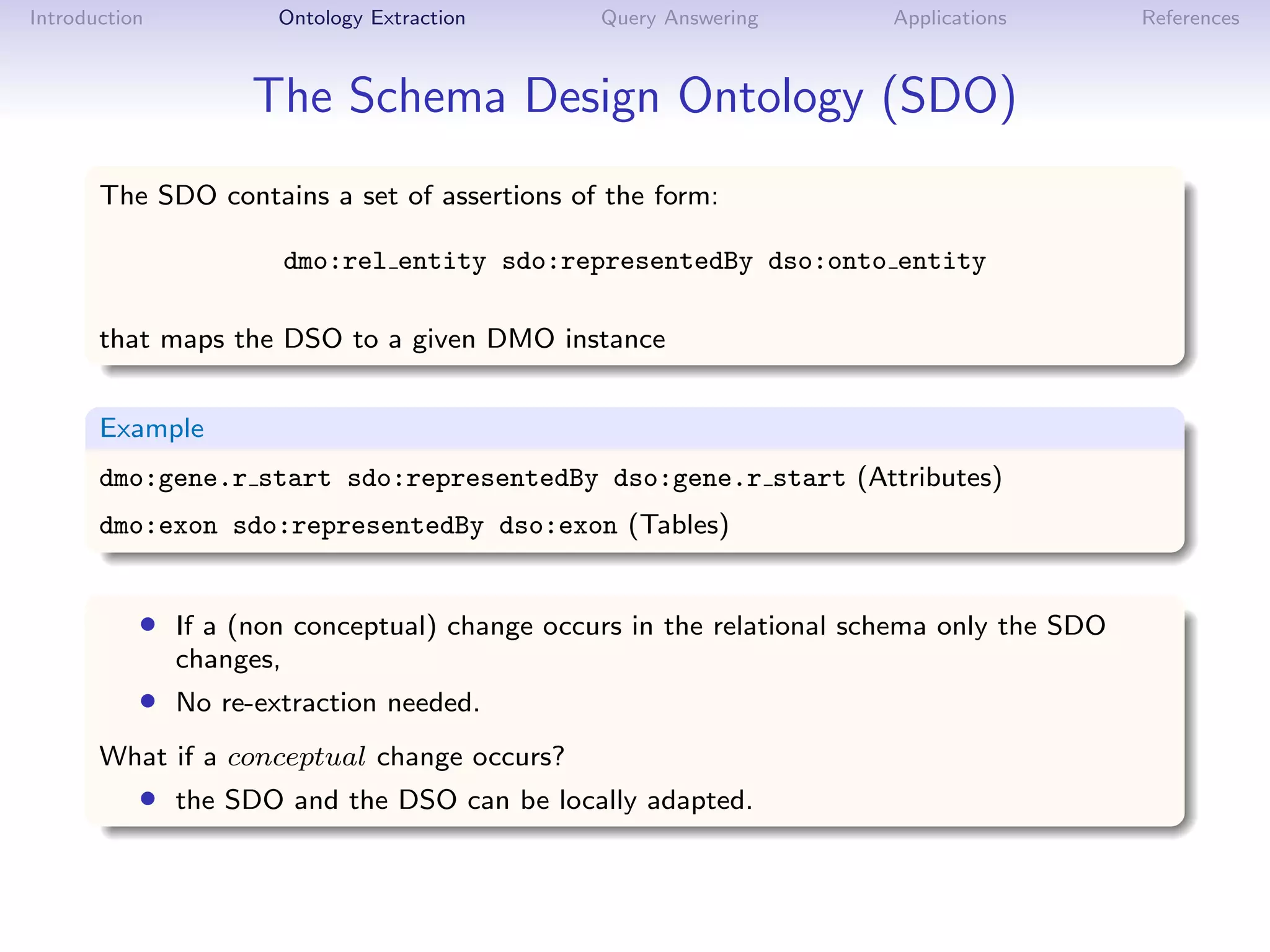 Introduction          Ontology Extraction      Query Answering       Applications        References



                    The Schema Design Ontology (SDO)
       The SDO contains a set of assertions of the form:

                          dmo:rel entity sdo:representedBy dso:onto entity

       that maps the DSO to a given DMO instance


       Example
       dmo:gene.r start sdo:representedBy dso:gene.r start (Attributes)
       dmo:exon sdo:representedBy dso:exon (Tables)


           • If a (non conceptual) change occurs in the relational schema only the SDO
               changes,
           • No re-extraction needed.
       What if a conceptual change occurs?
           • the SDO and the DSO can be locally adapted.
 