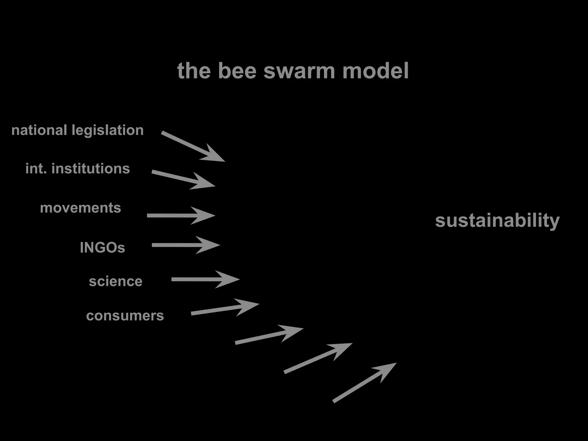 the bee swarm model
sustainability
int. institutions
national legislation
movements
INGOs
science
consumers
 