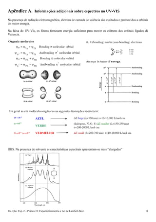 Apêndice A. Informações adicionais sobre espectros no UV-VIS
Na presença de radiação eletromagnética, elétrons de camada de valência são excitados e promovidos a orbitais
de maior energia.
Na faixa do UV-Vis, os fótons fornecem energia suficiente para mover os elétrons dos orbitais ligados de
Valencia.
Em geral as em moléculas orgânicas as seguintes transições acontecem:
Fís.-Qui. Exp. 2 – Prática 10: Espectrofotometria e Lei de Lambert-Beer 11
AZUL
VERDE
VERMELHO
OBS. Na presença de solvente as características espectrais apresentam-se mais “alargadas”
 