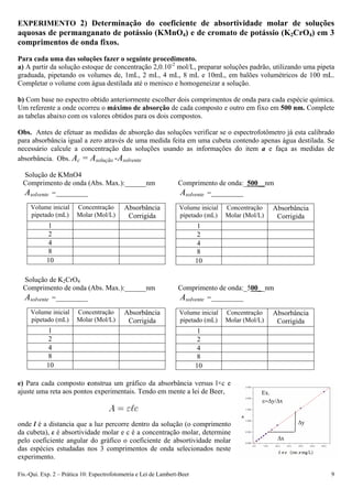 EXPERIMENTO 2) Determinação do coeficiente de absortividade molar de soluções
aquosas de permanganato de potássio (KMnO4) e de cromato de potássio (K2CrO4) em 3
comprimentos de onda fixos.
Para cada uma das soluções fazer o seguinte procedimento.
a) A partir da solução estoque de concentração 2,0.10-2
mol/L, preparar soluções padrão, utilizando uma pipeta
graduada, pipetando os volumes de, 1mL, 2 mL, 4 mL, 8 mL e 10mL, em balões volumétricos de 100 mL.
Completar o volume com água destilada até o menisco e homogeneizar a solução.
b) Com base no espectro obtido anteriormente escolher dois comprimentos de onda para cada espécie química.
Um referente a onde ocorreu o máximo de absorção de cada composto e outro em fixo em 500 nm. Complete
as tabelas abaixo com os valores obtidos para os dois compostos.
Obs. Antes de efetuar as medidas de absorção das soluções verificar se o espectrofotômetro já esta calibrado
para absorbância igual a zero através de uma medida feita em uma cubeta contendo apenas água destilada. Se
necessário calcule a concentração das soluções usando as informações do item a e faça as medidas de
absorbância. Obs. Ac = Asolução -Asolvente
Solução de KMnO4
Comprimento de onda (Abs. Max.):______nm Comprimento de onda:_500__nm
Asolvente =_________ Asolvente =_________
Volume inicial
pipetado (mL)
Concentração
Molar (Mol/L)
Absorbância
Corrigida
1
2
4
8
10
Volume inicial
pipetado (mL)
Concentração
Molar (Mol/L)
Absorbância
Corrigida
1
2
4
8
10
Solução de K2CrO4
Comprimento de onda (Abs. Max.):______nm Comprimento de onda:_500__nm
Asolvente =_________ Asolvente =_________
Volume inicial
pipetado (mL)
Concentração
Molar (Mol/L)
Absorbância
Corrigida
1
2
4
8
10
Volume inicial
pipetado (mL)
Concentração
Molar (Mol/L)
Absorbância
Corrigida
1
2
4
8
10
e) Para cada composto construa um gráfico da absorbância versus l×c e
ajuste uma reta aos pontos experimentais. Tendo em mente a lei de Beer, Ex.
y/x
Fís.-Qui. Exp. 2 – Prática 10: Espectrofotometria e Lei de Lambert-Beer 9
onde l é a distancia que a luz percorre dentro da solução (o comprimento
da cubeta), ε é absortividade molar e c é a concentração molar, determine
pelo coeficiente angular do gráfico o coeficiente de absortividade molar
das espécies estudadas nos 3 comprimentos de onda selecionados neste
experimento.
y
x
 