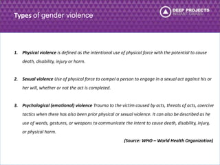 1. Physical violence is defined as the intentional use of physical force with the potential to cause 
death, disability, injury or harm. 
2. Sexual violence Use of physical force to compel a person to engage in a sexual act against his or 
her will, whether or not the act is completed. 
3. Psychological (emotional) violence Trauma to the victim caused by acts, threats of acts, coercive 
tactics when there has also been prior physical or sexual violence. It can also be described as he 
use of words, gestures, or weapons to communicate the intent to cause death, disability, injury, 
or physical harm. 
(Source: WHO – World Health Organization) 
Types of gender violence 
 