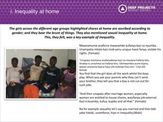 i. Inequality at home 
The girls across the different age groups highlighted chores at home are ascribed according to 
gender; and they bear the brunt of things. They also mentioned sexual inequality at home. 
This, they felt, was a key example of inequality. 
Mwanamume anaforce mwanamke kufanya kazi za nyumba. 
Unampatia mtoto kazi mob yenu unajua haezi fanya, violate his 
rights. (Female) 
“Unapata msichana anafanyafanya kazi na mvulana hafanyi kitu. 
Anakaa tu anacheza na hafanyi kitu. Ukimwambia aume kijana, 
wazazi anasema kijana hajui vile kufanya hizo vitu.” 12yr old 
female 
You find that the girl does all the work whilst the boys 
play. When you ask your parents why they can’t send 
your brother, they tell you that a boy is not cut out for 
such jobs. 
“And then unapata after marriage women, especially 
women are entitled to house chores, wasifanye job external. 
Kazi ni kuamka, kufua, kupika and all that.” (Female) 
Na for example sexuality let’s say you married and then bibi 
yako hataki, unamforce, hiyo ni inequality.(Male) 
 