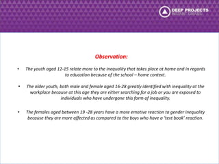 Observation: 
• The youth aged 12-15 relate more to the inequality that takes place at home and in regards 
to education because of the school – home context. 
• The older youth, both male and female aged 16-28 greatly identified with inequality at the 
workplace because at this age they are either searching for a job or you are exposed to 
individuals who have undergone this form of inequality. 
• The females aged between 19 -28 years have a more emotive reaction to gender inequality 
because they are more affected as compared to the boys who have a ‘text book’ reaction. 
 