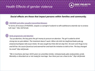 Health Effects of gender violence 
Social effects are those that impact persons within families and community. 
HIV/AIDS and other sexually transmitted diseases 
“In terms of increase of HIV/AIDS, utapata sa sazingine husband na wife wakikosana ataenda nje na anaeza 
rudi nayo.” 24yr old female 
Early pregnancies and abortion 
“Juu ya abortion, the boy gives the girl money to procure an abortion. The girl is asked to drink 
strong tea na yule daktari. The treatment doesn’t work. When she tells her boyfriend bado yuko pg 
anaanza kuchapwa ndio auue mtoto. He was caught but that did not stop him. He even sent thugs to try 
and kill her. His cousin found out and warned her and took the initiative to talk to him. The boy changed 
his mind” 24yr old female 
“We ni msichana uko hujo 14/15 years na umeshika mimba. Ushazaa buda yako anakuambia uende. 
Mentally ur disturbed coz ur not ready for marriage. Your there just coz u have to be.” 26yr old female 
 