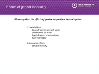 Effects of gender inequality 
We categorized the effects of gender inequality in two categories: 
1. Social effects 
Low self esteem and self worth 
Dependency on others 
Psychological / emotional pain 
Early marriages 
2. Economic effects 
Low productivity 
 