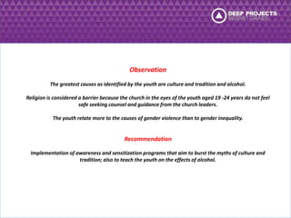 Observation 
The greatest causes as identified by the youth are culture and tradition and alcohol. 
Religion is considered a barrier because the church in the eyes of the youth aged 19 -24 years do not feel 
safe seeking counsel and guidance from the church leaders. 
The youth relate more to the causes of gender violence than to gender inequality. 
Recommendation 
Implementation of awareness and sensitization programs that aim to burst the myths of culture and 
tradition; also to teach the youth on the effects of alcohol. 
 