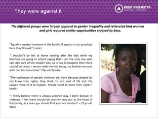 They were against it 
The different groups were largely opposed to gender inequality and reiterated that women 
and girls required similar opportunities enjoyed by boys. 
“Equality creates harmony in the family. If equity is not practiced 
here they’ll break” (male) 
“I shouldn’t be left at home looking after the kids while my 
brothers are going to school saying that I am the only one who 
can take care of the smaller kids, so it has to happens then there 
should be terms. I remain with the kids today, my brother remains 
with the kids tomorrow.” 23yr old female 
“The incidences of gender violence are more because people do 
not know their rights, they think it’s just part of life and this 
causes more of it to happen. People need to know their rights.” 
(male) 
“I firmly believe there is always another way. I don’t believe in 
violence. I feel there should be another way out as the head of 
the family, as a man you should find another solution” – 25 yr old 
Male 
 