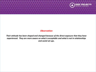 Observation 
Their attitude has been shaped and changed because of the direct exposure that they have 
experienced. They are more aware on what is acceptable and what is not in relationships 
and social set ups. 
 