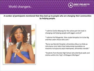 World changers.. 
A number of participants mentioned that they look up to people who are changing their communities 
by helping people. 
“I admire Cecilia Mwangi for the active part she took in 
changing and helping people with jiggers and all.” 
“I admire Prof Mugenda. Shes made Kenyatta Uni to be Big 
and that caters those who cant.” 
“Nurse wa Nairobi Hospital, aliniambia alikua na shida ya 
roho kama mimi lakini hiyo haikumstop kuendelea na 
masomo na kujivunia yeye mwenyewe, aliniambia niendle.” 
“Students from Kianda High School who distribute pads and 
clothes within the ‘kijiji’ of Kibagare Michigwi.” 
 