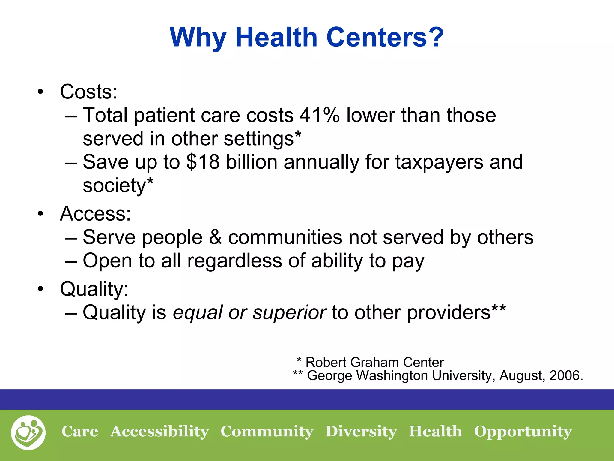 Why Health Centers? Costs: –  Total patient care costs 41% lower than those served in other settings* –  Save up to $18 billion annually for taxpayers and  society* Access: –  Serve people & communities not served by others –  Open to all regardless of ability to pay Quality: –  Quality is  equal or superior  to other providers** * Robert Graham Center ** George Washington University, August, 2006. 