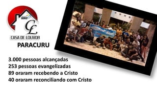 3.000 pessoas alcançadas
253 pessoas evangelizadas
89 oraram recebendo a Cristo
40 oraram reconciliando com Cristo
PARACURU
 