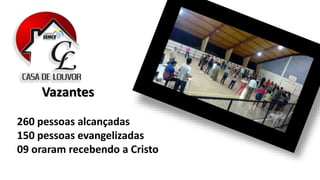 260 pessoas alcançadas
150 pessoas evangelizadas
09 oraram recebendo a Cristo
Vazantes
 