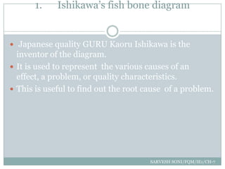 1.    Ishikawa‟s fish bone diagram


 Japanese quality GURU Kaoru Ishikawa is the
  inventor of the diagram.
 It is used to represent the various causes of an
  effect, a problem, or quality characteristics.
 This is useful to find out the root cause of a problem.




                                       SARVESH SONI/FQM/IE1/CH-7
 