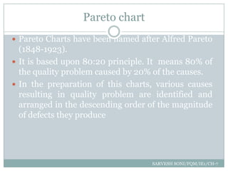 Pareto chart
 Pareto Charts have been named after Alfred Pareto
  (1848-1923).
 It is based upon 80:20 principle. It means 80% of
  the quality problem caused by 20% of the causes.
 In the preparation of this charts, various causes
  resulting in quality problem are identified and
  arranged in the descending order of the magnitude
  of defects they produce




                                   SARVESH SONI/FQM/IE1/CH-7
 