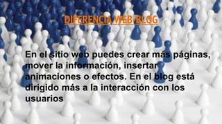 DIFERENCIA WEB-BLOG
En el sitio web puedes crear más páginas,
mover la información, insertar
animaciones o efectos. En el blog está
dirigido más a la interacción con los
usuarios
 