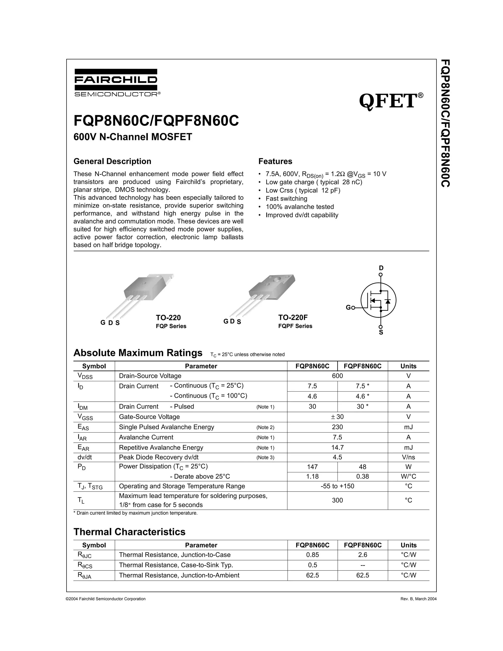 Original N-Channel Mosfet FQP8N60C 8N60C 8N60 600V 7.5A TO-220F New | PDF