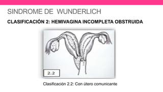 SINDROME DE WUNDERLICH
CLASIFICACIÓN 2: HEMIVAGINA INCOMPLETA OBSTRUIDA
Clasificación 2.2: Con útero comunicante
 