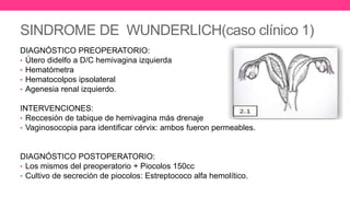 SINDROME DE WUNDERLICH(caso clínico 1)
DIAGNÓSTICO PREOPERATORIO:
• Útero didelfo a D/C hemivagina izquierda
• Hematómetra
• Hematocolpos ipsolateral
• Agenesia renal izquierdo.
INTERVENCIONES:
• Reccesión de tabique de hemivagina más drenaje
• Vaginosocopia para identificar cérvix: ambos fueron permeables.
DIAGNÓSTICO POSTOPERATORIO:
• Los mismos del preoperatorio + Piocolos 150cc
• Cultivo de secreción de piocolos: Estreptococo alfa hemolítico.
 