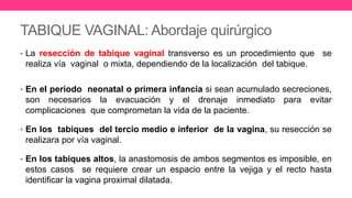 TABIQUE VAGINAL: Abordaje quirúrgico
• La resección de tabique vaginal transverso es un procedimiento que se
realiza vía vaginal o mixta, dependiendo de la localización del tabique.
• En el periodo neonatal o primera infancia si sean acumulado secreciones,
son necesarios la evacuación y el drenaje inmediato para evitar
complicaciones que comprometan la vida de la paciente.
• En los tabiques del tercio medio e inferior de la vagina, su resección se
realizara por vía vaginal.
• En los tabiques altos, la anastomosis de ambos segmentos es imposible, en
estos casos se requiere crear un espacio entre la vejiga y el recto hasta
identificar la vagina proximal dilatada.
 