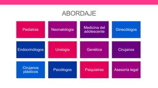 ABORDAJE
Pediatras Neonatologia
Medicina del
adolescente
Ginecólogos
Endocrinólogos Urologia Genética Cirujanos
Cirujanos
plásticos
Psicólogos Psiquiatras Asesoría legal
 