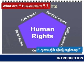 INTRODUCTION
What are “ HUMAN RIGHTS ” ?
“ လူသား တုိင္း ရရွိမည့္ အခြင့္အေရး ”
 