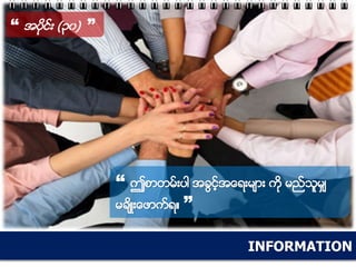 INFORMATION
“ အပိုင္း (၃၀) ”
“ ဤစာတမ္းပါ အခြင့္အေရးမ်ား ကို မည္သူမွ်
မခ်ိဳးေဖာက္ရ။ ”
 