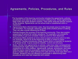 Agreements, Policies, Procedures, aanndd RRuulleess 
TThhee ffoouunnddaattiioonn ooff tthhee lleeaarrnniinngg ccoommmmuunniittyy iinncclluuddeess tthhee aaggrreeeemmeennttss,, ppoolliicciieess,, 
pprroocceedduurreess aanndd rruulleess bbyy wwhhiicchh eevveerryyoonnee iiss wwiilllliinngg ttoo lliivvee.. TThheessee aaggrreeeemmeennttss 
kkeeeepp oorrddeerr aanndd gguuiiddee ssttuuddeenntt’’ss aaccttiioonnss.. TThheeyy ccllaarriiffyy wwhhaatt tthhee tteeaacchheerr eexxppeeccttss 
ooff tthhee ssttuuddeennttss.. AAggrreeeemmeennttss ccaann bbee sscchhooooll wwiiddee oorr eessttaabblliisshheedd wwiitthhiinn aa 
ccllaassssrroooomm.. 
 AAggrreeeemmeennttss--MMoorree iinnffoorrmmeedd tthheenn rruulleess,, tthheeyy lliisstt ssiimmppllee wwaayyss ttoo mmaakkee tthhiinnggss 
rruunn ssmmooootthheerr.. FFoorr eexxaammppllee,, lliisstteenniinngg qquuiieettllyy wwhhiillee aannootthheerr ppeerrssoonn iiss ttaallkkiinngg.. 
TThheeyy ccaann aallssoo iinncclluuddee ffoolllloowwiinngg tthhee 88 KKeeyyss.. 
 PPoolliicciieess--SSuuppppoorrtt tthhee ppuurrppoossee ooff tthhee lleeaarrnniinngg ccoommmmuunniittyy.. TThheeyy aallssoo eexxppllaaiinn 
sseeqquueenncceess ooff aaccttiioonnss ffoorr cceerrttaaiinn ssiittuuaattiioonnss.. FFoorr eexxaammppllee,, iitt iiss aa ssttuuddeenntt’’ss 
rreessppoonnssiibbiilliittyy ttoo ggeett aanndd ccoommpplleettee mmaakkee--uupp wwoorrkk ffoorr tthheeiirr aabbsseenncceess.. 
 PPrroocceedduurreess--AAllllooww ssttuuddeennttss ttoo kknnooww wwhhaatt ttoo eexxppeecctt aanndd wwhhaatt aaccttiioonn ttoo ttaakkee.. 
FFoorr eexxaammppllee,, wwhhaatt ttoo ddoo aatt tthhee bbeeggiinnnniinngg ooff ccllaassss oorr wwhheerree ttoo ppllaaccee 
hhoommeewwoorrkk.. FFaammiilliiaarr pprroocceedduurreess ccrreeaattee rroouuttiinnee wwhhiicchh iiss iimmppoorrttaanntt ttoo ssttuuddeennttss 
iinn aallll ggrraaddee lleevveellss.. IItt ggiivveess ssttuuddeennttss ssttaabbiilliittyy,, ccoonnttrrooll aanndd ssttrruuccttuurree.. 
 RRuulleess-- SSttrriicctteerr tthhaann aaggrreeeemmeennttss oorr ppoolliicciieess,, rruulleess hhaavvee cclleeaarr ccoonnsseeqquueenncceess.. 
CCoonnsseeqquueenncceess mmiigghhtt rraannggee ffrroomm aa wwaarrnniinngg ffoorr aa ffiirrsstt vviioollaattiioonn ttoo aa bbeehhaavviioorr 
ccoonnffeerreennccee ffoorr aa tthhiirrdd vviioollaattiioonn.. AAggrreeeemmeennttss,, ppoolliicciieess,, pprroocceedduurreess,, aanndd rruulleess 
ffuullffiillll tthhee bbrraaiinnss nneeeedd ffoorr ppuurrppoosseeffuull,, ppoossiittiivvee ssttrruuccttuurree.. SSttuuddeenntt’’ss mmaayy bbee 
ggiivveenn aa wwrriitttteenn ccooppyy ooff ccllaassss ppoolliicciieess aanndd rruulleess aanndd mmaayy eevveenn ssiiggnn tthheemm aass aa 
ccoonnttrraacctt.. SSttuuddeenntt’’ss wwhhoo aarree aalllloowweedd ttoo ppaarrttiicciippaattee iinn ddeetteerrmmiinniinngg ccllaassss 
pprroocceedduurreess aanndd rruulleess ffeeeell rreessppeecctteedd aanndd vvaalluueedd.. 
 