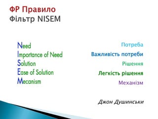 Потреба
Важливість потреби
Рішення
Легкість рішення
Механізм
Джон Душинськи
 