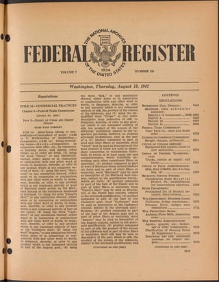 *V0NAL4ä ,
FEDERAL REGISTE
VOLUME 7 ‘
V , . 1934 ¿r
c í/
ahteo *
NUMBER 159
Washington, Thursday, August 13, 1942
Regulations
TITLE 16—COMMERCIAL PRACTICES
Chapter I—Federal Trade Commission
[Docket No. 4625]
Part 3—Digest op Cease and Desist
Orders
TIGER YARN COMPANY
§3.6 (c) Advertising falsely or mis­
leadingly—Composition of goods: §3.66
(a 7) Misbranding or mislabeling—
Composition: §3.96 (a) Using mislead­
ing name—Go o d s —Composition. In
connection with offer, etc., in commerce,
of knitting yarns, and among other
things, as in order set forth, (1) using
the word “tweed,” or any simulation
thereof, either alone or in connection
or conjunction with any other word or
words, to designate, describe, or refer to
any product which is not composed en­
tirely of wool; (2) using the word “Shet­
land,” or any simulation thereof, either
alone or in connection or conjunction
with any other word or words, to desig­
nate, describe, or refer to any product
which is not composed entirely of wool
of Shetland sheep grown on the Shet­
land Islands or the contiguous mainland
of Scotland; (3) using the term “Camel’s
Hair,” or any simulation thereof, either
alone or in connection or conjunction
with any other word or words, to desig­
nate, describe, or refer to any product
which is not composed entirely of hair of
the camel; (4) using the word “Cash-
mere,” or any simulation thereof, either
alone or in connection or conjunction
with any other word or words, to desig­
nate, describe, or refer to any product
which is not composed entirely of hair
of the Cashmere goat; (5) using the
word “Angora,” or any simulation thereof,
either alone or in connection or con­
junction with any other word or words,
to designate, describe, or refer to any
product which is not composed entirely
of hair of the Angora goat; (6) using
the word “Silk,” or any simulation
thereof, either alone or in connection
or conjunction with any other word or
words, to designate, describe, or refer
to any material which is not composed
entirely of silk, the product of the cocoon
of the silkworm; and (7) using the un­
qualified word “Crepe,” or any other
descriptive term indicative of silk, to
designate, describe, or refer to any prod­
uct which is not composed entirely of
silk, the product of the cocoon of the
silkworm; prohibited; subject to the re­
spective provisions, however, as respects
aforesaid prohibitions, that in the case
of a (1) product composed in part of
wool and other fibers or materials, word
“tweed” may be used as descriptive of the
wool content if there are used in imme­
diate connection or conjunction there­
with, in letters of at least equal size and
conspicuousness, words truthfully de­
scribing such other constituent fibers or
materials; (2) product composed in part
of wool of Shetland sheep as hereinbefore
set forth and in part of other fibers or
materials, word “Shetland” may be used
as descriptive of the Shetland wool con­
tent, subject to the qualification herein­
before set forth; (3) product composed
in part of the hair of the Camel and in
part of other fibers or materials, term
“Camel’s Hair” may be used as descrip­
tive of the Camel hair content, subject
to the aforesaid qualification; (4) product
composed in part of the hair of the
Cashmere goat, word “Cashmere” may
be used as descriptive of the Cashmere
content, subject to the aforesaid quali­
fication; (5) product composed in part
of the hair of the Angora goat and in
part of other fibers^ or materials, word
“Angora” may be used as descriptive of
the Angora content, subject to the afore­
said qualification; (6) product composed
in part of silk, the product of the cocoon
of the silkworm and in part of other fibers
or materials, word silk may be used as
descriptive of the part which is silk, the
product of the cocoon of the silkworm,
subject to the aforesaid qualification; and
(Continued on next page)
CONTENTS
REGULATIONS
Bituminous Coal Division: PaS®
Minimum price s c h e d u l e s
amended:
District 1 (2 documents)_ 6368, 6365
District 8_________________ 6266
District 10------------------------ 6368
District 11________________ 6368
Federal Trade Commission:
Tiger Yarn Co., cease and desist
order__________________ 6279
I nterstate Commerce Commission :
Freight charges, settlement----- 6281
Office of Civilian Defense:
Equipment and supplies, loans to
civil authorities_________ 6370
Office of Defense T ransporta­
tion:
Trucks, service or repair; call
backs_________________— 6281
Office of P rice Administration:
Milk, fluid (GMPR, Am. 6 to Sup.
Reg. 14)__ 6369
Selective Service System:
Philadelphia State H o s p i t a l
Project, Pa., establishment
for conscientious objectors- 6369
State Department:
Proclaimed list of blocked na-
tionals, third revision_____ 6282
War Department; Engineer Corps:
California, bridge regulations_ 6373
Potomac River, danger zone
regulations_____________ 6373
War Production Board:
Alabama Flour Mills, suspension
order___________________ 6369
War Shipping Administration :
Agents, general, etc.; broker­
age or other commissions_ 6375
Clarification of General Order
12, Supplement 3________ 6374
Insurance, war risk;* automatic
coverage on import car­
goes___________________ 6373
(Continued on next page)
6279
 