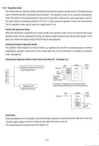 10.2.1 Operation Mode
The inverterhasfour operationmodes;operationby external input signals, operation by PU, Putexternal input
signal combined operation and programmed operation. The operation mode can be selected (switched) be-
tween the external input signal operation mode and PU operation mode by the mode select keys of the PU.
The other modes are selected by setting in Pr. 79. Pr. 79 also allows the operation mode to be limited (fixed).
The PU operation mode may be output as a signal (see Pr. 40).
Factory-SetOperation Mode
When the input power is switched on (or reset is made), the operation mode is set to the external input signal
operation mode. Hence, poweringthe inverter up makes it ready to operate with external input signals. In this
state, turn on the start signal (across STFJSTR-SD)to start operation.
Limiting(Fixing) the Operation Mode
The operation mode at power on may be limited, e.g. operation from the PU is enabled at power on without
switching the operation mode with the PU's mode select key. For full information on setting the operation
mode, see page 69.
Selectingthe Operation Mode in the Factory-SetState (Pr. 79 setting is 0)
Press the [PU OP] key.
NFB
34input -+aFornard
rotation
Start Reverse
switch rotallon
* Frequency
setting
potentiometer
Inverter Motor
The invertor is inoperative if the frequency setting
potentiometer (setting signal) is not connected (input).
NFB Inverter Motor
34 input -9 MT-A
[CAUTION]
Switching between the PU operation and external signal operation must be performed after the forward (or
reverse) rotation signal of the PU or external input signal has been turned off.
This switching cannot be performed if this signal is on.
 