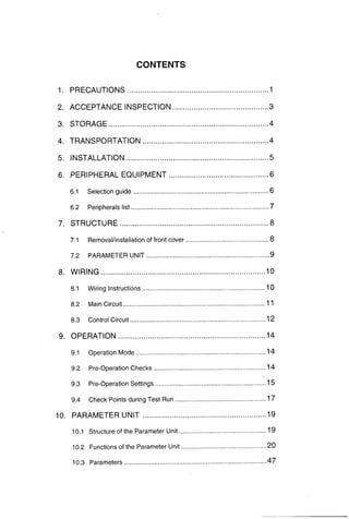 CONTENTS
1. PRECAUTIONS .................................................................. 1
2. ACCEPTANCE INSPECTION.............................................3
3. STORAGE ..........................................................................- 4
4. TRANSPORTATION ...........................................................4
5. INSTALLATION...................................................................5
6. PERIPHERAL EQUIPMENT ...............................................6
............................................................................6.1 Selection guide 6
6.2 Peripherals list...........................................................................7
7. STRUCTURE ...................................................................... 8
...............................................7.1 Removal/installationof front cover 8
7.2 PARAMETER UNIT .....................................................................9
8. WIRING ............................................................................. I 0
8.1 Wiring Instructions .....................................................................10
8.2 Main Circuit ................................................................................11
............................................................................8.3 Control Circuit 12
.....................................................................9. OPERATION 14
9.1 Operation Mode .........................................................................14
9.2 Pre-Operation Checks ...............................................................14
..............................................................9.3 Pre-Operation Settings 15
9.4 Check Points during Test Run ...................................................17
...........................................................I0 PARAMETER UNIT 19
.................................................10.1 Structure of the Parameter Unit 19
................................................10.2 Functions of the Parameter Unit 20
................................................................................10.3 Parameters 47
 
