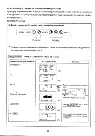 Set P r . N O .
FOR P R . L i s t
pqS T O P E X T
10.2.4 Changing or Checkingthe Function (Parameter) Set Values
By changingthe parametersof the inverter,the functionand performanceof the inverterand motorcan be matched
to the application.The factory-setvalues need not be changedwhen they are appropriate.The parameter numbers
are represented Pr.
Operating Procedures
(1) Directly entering the Pr. number, calling and setting the parameter
-----------------_-----------------------------
[PU OP] [SET] @ a[READ] a@ @[WRITE]
Pr.number
*The function names (abbreviation) of parameters Pr. 0 to Pr. 9, which are most often used, are given below
the numerals on the numeral keys (0 to 9).
Isetting exampleI Setting Pr. 7 (accelerationtime) to 3.5 seconds.
Operation and Keying Procedure
[PU OP] [SET]
a
[READl
*
@ [READ] [WRITE]
(m)
or (WT]
PU Screen Display
(49)
(50)
Remarks
Currentset To callthe parameterfunction graphi-
value
seltins tally
range
(HELP)
(ern)
4- (55)
(Returns to the previous screen)
(52)
(53)
(54)
Press the (-R] key to move
to the CM-R) screen.
After the setting is complete, press
the key to move to the next
parameter.
 