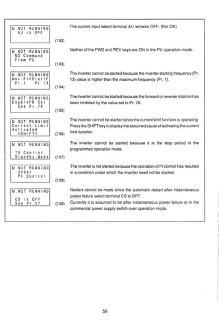 The current input select terminal AU remains OFF. (Not ON)
A U i s O F F
(102)
Neither of the FWD and REV keys are ON in the PU operation mode.
NO Command
F r o m PU
(103)
M . N O T RUNNING The invertercannot bestartedbecausethe inverterstartingfrequency (Pr.
M a x . F I < S t a r t F 13) value is higher than the maximumfrequency (Pr. 1).
(104)
The invertercannot bestartedbecausethe forwardor reverserotation has
EnableFR S e t been inhibited by the value set in Pr. 78.
S e e P r . 7 8
(105)
The invertercannot be startedsince the current limitfunction is operating.
C u r r e n t L i m i t PresstheSHIFTkeyto displaythe assumedcauseof activatingthe current
A c t i v a t e d
(106)
limit function.
M . N O T RUNNING The inverter cannot be started because it is the stop period in the
programmedoperation mode.
T S C o n t r o l
81111111(107)
M . N O T RUNNING The inverteris notstartedbecausethe operationof PIcontrol has resulted
Under in a condition under which the inverter need not be started.
PI C o n t r o l
I(108)
Restart cannot be made since the automatic restart after instantaneous
power failure select terminal CS is OFF.
C S i s O F F
Currently it is assumed to be after instantaneous power failure or in the
commercial power supply switch-over operation mode.
 