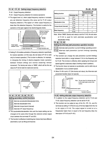 1Pr. 42 1 (1 Setting output frequency detection
Pr.42 Output frequency detection
Pr.43 Output frequency detectionfor reverse operations
The signal level is L when output frequency reaches or exceeds
any set detection frequency (the value set for Pr.42 output
frequency detection.) The signal is H when output frequency is
lower than this detection frequency. This function is useful for the
operation or the open signal of an electromagneticbrake.
cceleration time
ue boost (manual
Note: When "9999 (factory-setvalue) is set for Pr.45, the set value
of Pr.44 is used for both alternate acceleration and
decelerationtimes.
lPr.l49]'
Setting the alternate stall preventionoperation function
JPr Alternate stall prevention (current limiting) operating current
Alternate stall prevention (current limiting) operating
Setting Pr.43 enables activationof frequency detectionspecifically
freauency. .
for reverse operation. (In this case, the set value of Pr.42 is valid
This function can change the stall prevention (current limiting)
only for forward operation.)This function is effective, for example,
operation level within a range between 0 Hz to the frequency set
in changing the timing of electro-magnetic brake operation
for Pr.49. This function is effective when applying low torque and. -
between forward (lifting) and reverse (lowering) vertical
speed against a stationary object (holding a load in position).
movement. The factory-set value is "9999, which will be the set
This function does not operate at acceleration, and is valid only at
value for Pr.42 for both for ward and reverse.
jPI.mp3qm
Settina secondaw control functions
Alternate accelerationldecelerationtime
Alternate deceleration time
Alternate torque boost (manual)
Alternate VIF (base frequency)
The accelerationldecelerationtime and the boost setting can be
changed at the same time through the external contact signal
(input betweenthe terminals RT and SD).
This function is effectivein switchingtwo motorsthat have different
parameters,such as lifting and traverse.
decelerationor at a constant speed.
When Pr.49 is set to " 0 (the factory-set value), the Alternate stall
preventionfunction does not operate. /'
-1 Setting alternate output frequency detection
In addition to the output frequency detection set for Pr.42 and
Pr.43. output frequency detection can be set for Pr.50.
This function can be output at any of the SU, IPF, OL, and FU
terminals by setting "5" (FU2)for any of the four digits (fromthe 1st
to 4th digits) of Pr.40. The output signal is turned on at a
frequencies higher than or equal to the set frequency (See the
description of Pr.42 and Pr.43.).
A
-
s E.-
5 "e!rn
- S
3 0
m 8
[Pr
At acceleraCon
--
Note : The set value (%) indicatesthe ratio
for the rated output currentof the
inverter.
481eratidconslant speed
I -pzJ Operation frequency
 