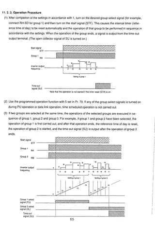 II
I '
11. 2.3. Operation Procedure
(1) After completion of the settings in accordance with 1, turn on the desired group select signal (for example,
connect RH-SDfor group 1) and then turn on the start signal (STF). This causes the internal timer (refer-
ence time of day) to be reset automatically and the operation of that group to be performed in sequence in
accordance with the settings. When the operation of the group ends, a signal is output from the time-out
output terminal. (The open collector signal of SU is turned on.)
Start signal
STF
Group 1
RH
: I1
Inverter ouQut 0 ;
frequency i 11 12 13 14 IS 16
I
Sening ol group 1
Time-out
signal (SU)
Note that the operation is not started if the timer reset (STR) is on.
A
(2) Use the programmedoperation function with 5 set in Pr. 79. If any of the group select signals is turned on
during PU operation or data link operation, time scheduled operation is not carried out.
(3) If two groups are selected at the same time, the operations of the selected groups are executed in se-
quence of group 1, group 2 and group 3. For example, if group 1 and group 2 have been selected, the
operation of group 1 is first carried out, and after that operation ends, the reference time of day is reset,
the operation of group 2 is started, and the time-out signal (SU) is output after the operation of group 2
ends.
Start signal
STF
Group 1
RH
Group 2 RM
Inverter output
frequency

Y
Settingof group 1 i Settingof group2
Group 1 select
signal (FU) V/m//-B
Group 2 select
signal (OL) 0- . .
Time-out
signal (SU)
 