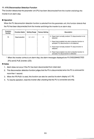 11.4 PU DisconnectionDetection Function
This function detects that the parameter unit (PU) has been disconnected from the inverter and brings the
inverterto an alarm stop.
LP Operation
When the PU disconnectiondetection function is selected from the parameter unit, this function detects that
the PU has been disconnected from the inverter and brings the inverter to an alarm stop.
* When the inverter comes to an alarm stop, the alarm messages displayed are PU DISCONNECTED
(PU) and E.PUE (inverter LED).
&1 Notes
1. Alarm does riot occur if the PU has been disconnected from initial start.
2. This disconnectiondetectionfunction judges that the PU is disconnected when the PU is removed for
more than 1 second.
3. When the FR-PUOI is used, this function can also be used but its alarm display is E. PE.
4. To resume operation, reset the inverter after checking that the PU is connected securely.
Function
Number
75
Function Name
Reset selection
Setting Range
0, 1,2,3
Factory Setting
0
Description
detected.
0:Reset input normally enabled. PU disconnection is not
1 : Reset input enabled only when protective function is
activated. PU disconnection is not detected.
2 : Reset input normally enabled. PU disconnection is
detected.
3 : Reset input enabled only when protective function is
activated. PU disconnection is detected.
 