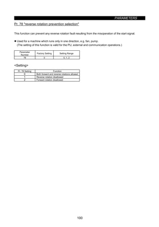 PARAMETERS
100
z Reverse rotation prevention selection (Pr. 78)
Pr. 78 reverse rotation prevention selection
This function can prevent any reverse rotation fault resulting from the misoperation of the start signal.
z Used for a machine which runs only in one direction, e.g. fan, pump.
(The setting of this function is valid for the PU, external and communication operations.)
Parameter
Number
Factory Setting Setting Range
78 0 0, 1, 2
Setting
Pr. 78 Setting Function
0 Both forward and reverse rotations allowed
1 Reverse rotation disallowed
2 Forward rotation disallowed
 