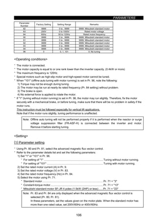 PARAMETERS
106
Parameter
Number
Factory Setting Setting Range Remarks
82 9999 0 to , 9999 9999: Mitsubishi standard motor
83 200V 0 to 1000V Rated motor voltage
84 60Hz 50 to 120Hz Rated motor frequency
90 9999 0 to , 9999 9999: Mitsubishi standard motor
91 9999 0 to , 9999 9999: Mitsubishi standard motor
92 9999 0 to , 9999 9999: Mitsubishi standard motor
93 9999 0 to , 9999 9999: Mitsubishi standard motor
94 9999 0 to , 9999 9999: Mitsubishi standard motor
96 0 0, 1, 101 0: No tuning
Operating conditions
· The motor is connected.
· The motor capacity is equal to or one rank lower than the inverter capacity. (0.4kW or more)
· The maximum frequency is 120Hz.
· Special motors such as high-slip motor and high-speed motor cannot be tuned.
· When 101 (offline auto tuning with motor running) is set in Pr. 96, note the following:
1) Torque may not be enough during tuning.
2) The motor may be run at nearly its rated frequency (Pr. 84 setting) without problem.
3) The brake is open.
4) No external force is applied to rotate the motor.
· If 1 (tuning without motor running) is set in Pr. 96, the motor may run slightly. Therefore, fix the motor
securely with a mechanical brake, or before tuning, make sure that there will be no problem in safety if the
motor runs.
This instruction must be followed especially for vertical lift applications.
Note that if the motor runs slightly, tuning performance is unaffected.
Note: Offline auto tuning will not be performed properly if it is performed when the reactor or surge
voltage suppression filter (FR-ASF-H) is connected between the inverter and motor.
Remove it before starting tuning.
Setting
(1) Parameter setting
· Using Pr. 80 and Pr. 81, select the advanced magnetic flux vector control.
· Refer to the parameter details list and set the following parameters:
1) Set 1 or 101 in Pr. 96.
· For setting of 1 ................................................................................Tuning without motor running.
· For setting of 101 ............................................................................Tuning with motor running.
2) Set the rated motor current (A) in Pr. 9.
3) Set the rated motor voltage (V) in Pr. 83.
4) Set the rated motor frequency (Hz) in Pr. 84.
5) Select the motor using Pr. 71.
· Standard motor ..................................................................................Pr. 71 = 3
· Constant-torque motor.......................................................................Pr. 71 = 13
· Mitsubishi standard motor SF-JR 4 poles (1.5kW (2HP) or less)......Pr. 71 = 23
Note: Pr. 83 and Pr. 84 are only displayed when the advanced magnetic flux vector control is
selected (Pr. 80, Pr. 81).
In these parameters, set the values given on the motor plate. When the standard motor has
more than one rated value, set 200V/60Hz or 400V/60Hz.
 