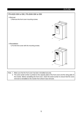 OUTLINE
5
FR-A520-30K to 55K, FR-A540-30K to 55K
• Removal
1) Remove the front cover mounting screws.
• Reinstallation
1) Fix the front cover with the mounting screws.
Note: 1. Make sure that the front cover has been reinstalled securely.
2. The same serial number is printed on the capacity plate of the front cover and the rating plate of
the inverter. Before reinstalling the front cover, check the serial number to ensure that the cover
removed is reinstalled to the inverter from where it was removed.
 