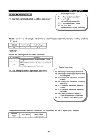 PARAMETERS
137
Pr. 14 load pattern selection
Pr. 44 to Pr. 49
(second function selection)
Pr. 81 number of motor poles
Pr. 180 to Pr. 186
(input terminal function selection)
Related parameters
Pr. 22 stall prevention operation level
Pr. 23 stall prevention operation level at
double speed
Pr. 47 second stall prevention operation
current
Pr. 48 second stall prevention operation
frequency
Pr. 114 third stall prevention operation
current
Pr. 115 third stall prevention operation
frequency
Pr. 154 voltage reduction selection
during stall prevention operation
Pr. 157 OL signal output waiting time
Related parameters
Pr. 154 Î Refer to Pr. 22.
z RT signal activated condition selection (Pr. 155)
Pr. 155 RT signal activated condition selection
z Set the condition of activating the RT terminal to select the second control functions by switching on-off the
RT signal.
Parameter
Number
Factory Setting Setting Range
155 0 0, 10
Setting
Refer to the following table and set the parameter:
Pr. 155 Setting Description
0
Made valid immediately by switching the RT signal
on-off.
10
Made valid only when the RT signal is on at constant
speed.
(Invalid during acceleration/deceleration)
z Stall prevention function and current limit function (Pr. 156)
Pr. 156 stall prevention operation selection
Stall prevention and fast-response current limit can be disabled and the OL signal output delayed.
Parameter
Number
Factory Setting Setting Range
156 0 0 to 31, 100, 101
 