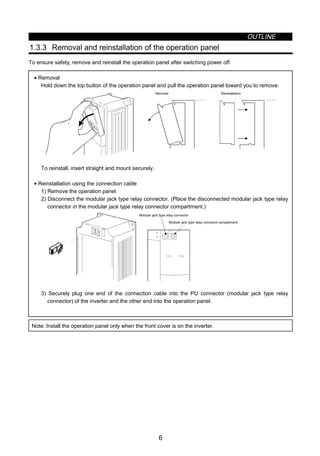 OUTLINE
6
1.3.3 Removal and reinstallation of the operation panel
To ensure safety, remove and reinstall the operation panel after switching power off.
• Removal
Hold down the top button of the operation panel and pull the operation panel toward you to remove.
‚ Removal Reinstallation
To reinstall, insert straight and mount securely.
• Reinstallation using the connection cable
1) Remove the operation panel.
2) Disconnect the modular jack type relay connector. (Place the disconnected modular jack type relay
connector in the modular jack type relay connector compartment.)
Modular jack type relay connector compartment
Modular jack type relay connector
3) Securely plug one end of the connection cable into the PU connector (modular jack type relay
connector) of the inverter and the other end into the operation panel.
Note: Install the operation panel only when the front cover is on the inverter.
 