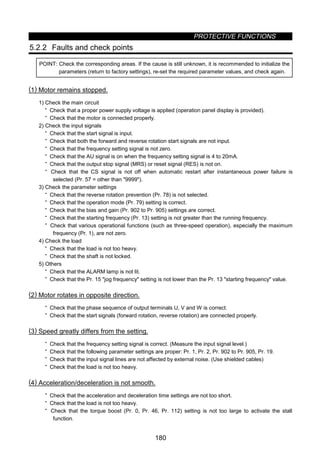 PROTECTIVE FUNCTIONS
180
5.2.2 Faults and check points
POINT: Check the corresponding areas. If the cause is still unknown, it is recommended to initialize the
parameters (return to factory settings), re-set the required parameter values, and check again.
(1) Motor remains stopped.
1) Check the main circuit
· Check that a proper power supply voltage is applied (operation panel display is provided).
· Check that the motor is connected properly.
2) Check the input signals
· Check that the start signal is input.
· Check that both the forward and reverse rotation start signals are not input.
· Check that the frequency setting signal is not zero.
· Check that the AU signal is on when the frequency setting signal is 4 to 20mA.
· Check that the output stop signal (MRS) or reset signal (RES) is not on.
· Check that the CS signal is not off when automatic restart after instantaneous power failure is
selected (Pr. 57 = other than 9999).
3) Check the parameter settings
· Check that the reverse rotation prevention (Pr. 78) is not selected.
· Check that the operation mode (Pr. 79) setting is correct.
· Check that the bias and gain (Pr. 902 to Pr. 905) settings are correct.
· Check that the starting frequency (Pr. 13) setting is not greater than the running frequency.
· Check that various operational functions (such as three-speed operation), especially the maximum
frequency (Pr. 1), are not zero.
4) Check the load
· Check that the load is not too heavy.
· Check that the shaft is not locked.
5) Others
· Check that the ALARM lamp is not lit.
· Check that the Pr. 15 jog frequency setting is not lower than the Pr. 13 starting frequency value.
(2) Motor rotates in opposite direction.
· Check that the phase sequence of output terminals U, V and W is correct.
· Check that the start signals (forward rotation, reverse rotation) are connected properly.
(3) Speed greatly differs from the setting.
· Check that the frequency setting signal is correct. (Measure the input signal level.)
· Check that the following parameter settings are proper: Pr. 1, Pr. 2, Pr. 902 to Pr. 905, Pr. 19.
· Check that the input signal lines are not affected by external noise. (Use shielded cables)
· Check that the load is not too heavy.
(4) Acceleration/deceleration is not smooth.
· Check that the acceleration and deceleration time settings are not too short.
· Check that the load is not too heavy.
· Check that the torque boost (Pr. 0, Pr. 46, Pr. 112) setting is not too large to activate the stall
function.
 