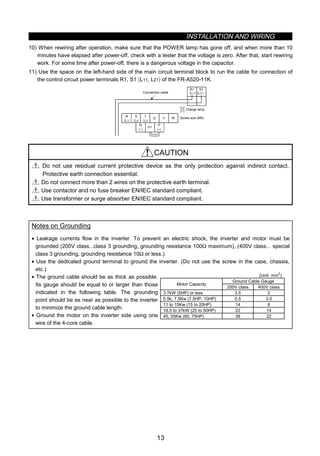 INSTALLATION AND WIRING
13
10) When rewiring after operation, make sure that the POWER lamp has gone off, and when more than 10
minutes have elapsed after power-off, check with a tester that the voltage is zero. After that, start rewiring
work. For some time after power-off, there is a dangerous voltage in the capacitor.
11) Use the space on the left-hand side of the main circuit terminal block to run the cable for connection of
the control circuit power terminals R1, S1 〈L11, L21〉 of the FR-A520-11K.
N
U V W
P1
R1 S1
P
Screw size (M5)
Connection cable
Charge lamp
T
〈L3〉
R
〈L1〉
S
〈L2〉
〈−〉 〈+〉
〈L11〉 〈L21〉
CAUTION
Do not use residual current protective device as the only protection against indirect contact.
Protective earth connection essential.
Do not connect more than 2 wires on the protective earth terminal.
Use contactor and no fuse breaker EN/IEC standard compliant.
Use transformer or surge absorber EN/IEC standard compliant.
Notes on Grounding
• Leakage currents flow in the inverter. To prevent an electric shock, the inverter and motor must be
grounded (200V class...class 3 grounding, grounding resistance 100Ω maximum), (400V class... special
class 3 grounding, grounding resistance 10Ω or less.).
• Use the dedicated ground terminal to ground the inverter. (Do not use the screw in the case, chassis,
etc.)
(Unit: mm
2
)
Ground Cable Gauge
Motor Capacity
200V class 400V class
3.7kW (5HP) or less 3.5 2
5.5k, 7.5Kw (7.5HP, 10HP) 5.5 3.5
11 to 15Kw (15 to 20HP) 14 8
18.5 to 37kW (25 to 50HP) 22 14
45, 55Kw (60, 75HP) 38 22
• The ground cable should be as thick as possible.
Its gauge should be equal to or larger than those
indicated in the following table. The grounding
point should be as near as possible to the inverter
to minimize the ground cable length.
• Ground the motor on the inverter side using one
wire of the 4-core cable.
 
