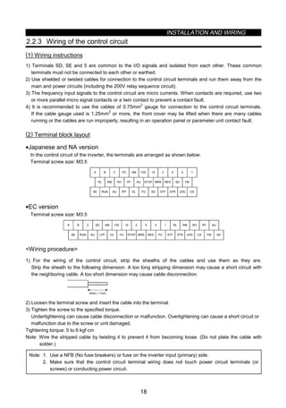 INSTALLATION AND WIRING
18
2.2.3 Wiring of the control circuit
(1) Wiring instructions
1) Terminals SD, SE and 5 are common to the I/O signals and isolated from each other. These common
terminals must not be connected to each other or earthed.
2) Use shielded or twisted cables for connection to the control circuit terminals and run them away from the
main and power circuits (including the 200V relay sequence circuit).
3) The frequency input signals to the control circuit are micro currents. When contacts are required, use two
or more parallel micro signal contacts or a twin contact to prevent a contact fault.
4) It is recommended to use the cables of 0.75mm
2
gauge for connection to the control circuit terminals.
If the cable gauge used is 1.25mm
2
or more, the front cover may be lifted when there are many cables
running or the cables are run improperly, resulting in an operation panel or parameter unit contact fault.
(2) Terminal block layout
•Japanese and NA version
In the control circuit of the inverter, the terminals are arranged as shown below:
Terminal screw size: M3.5
A
RL
SE RUN SU IPF OL FU SD STF STR JOG CS
RM RH RT AU STOP MRS RES SD FM
B C PC AM 10E 10 2 5 4 1
•EC version
Terminal screw size: M3.5
A
SE RUN SU LPF OL STOP MRS RES PC STF
B C SD AM 10E 10 2 5 4 1 RL RM RH RT AU
STR JOG CS FM SDFU
Wiring procedure
1) For the wiring of the control circuit, strip the sheaths of the cables and use them as they are.
Strip the sheath to the following dimension. A too long stripping dimension may cause a short circuit with
the neighboring cable. A too short dimension may cause cable disconnection.
6mm ± 1mm
2) Loosen the terminal screw and insert the cable into the terminal.
3) Tighten the screw to the specified torque.
Undertightening can cause cable disconnection or malfunction. Overtightening can cause a short circuit or
malfunction due to the screw or unit damaged.
Tightening torque: 5 to 6 kgf⋅cm
Note: Wire the stripped cable by twisting it to prevent it from becoming loose. (Do not plate the cable with
solder.)
Note: 1. Use a NFB (No fuse breakers) or fuse on the inverter input (primary) side.
2. Make sure that the control circuit terminal wiring does not touch power circuit terminals (or
screws) or conducting power circuit.
 
