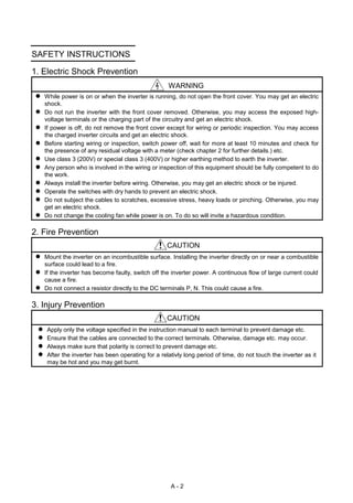 A - 2
SAFETY INSTRUCTIONS
1. Electric Shock Prevention
WARNING
z While power is on or when the inverter is running, do not open the front cover. You may get an electric
shock.
z Do not run the inverter with the front cover removed. Otherwise, you may access the exposed high-
voltage terminals or the charging part of the circuitry and get an electric shock.
z If power is off, do not remove the front cover except for wiring or periodic inspection. You may access
the charged inverter circuits and get an electric shock.
z Before starting wiring or inspection, switch power off, wait for more at least 10 minutes and check for
the presence of any residual voltage with a meter (check chapter 2 for further details.) etc.
z Use class 3 (200V) or special class 3 (400V) or higher earthing method to earth the inverter.
z Any person who is involved in the wiring or inspection of this equipment should be fully competent to do
the work.
z Always install the inverter before wiring. Otherwise, you may get an electric shock or be injured.
z Operate the switches with dry hands to prevent an electric shock.
z Do not subject the cables to scratches, excessive stress, heavy loads or pinching. Otherwise, you may
get an electric shock.
z Do not change the cooling fan while power is on. To do so will invite a hazardous condition.
2. Fire Prevention
CAUTION
z Mount the inverter on an incombustible surface. Installing the inverter directly on or near a combustible
surface could lead to a fire.
z If the inverter has become faulty, switch off the inverter power. A continuous flow of large current could
cause a fire.
z Do not connect a resistor directly to the DC terminals P, N. This could cause a fire.
3. Injury Prevention
CAUTION
z Apply only the voltage specified in the instruction manual to each terminal to prevent damage etc.
z Ensure that the cables are connected to the correct terminals. Otherwise, damage etc. may occur.
z Always make sure that polarity is correct to prevent damage etc.
z After the inverter has been operating for a relativly long period of time, do not touch the inverter as it
may be hot and you may get burnt.
 